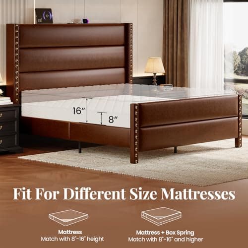Uteeran Queen Bed Frame with Storage Shelf & Charging Station, 55" Tall Headboard & 25.6" Footboard, Faux Leather Upholstered Platform Bed with Big Rivets Wingback, Heavy Duty & Noise-Free, Brown - Thumbnail 5
