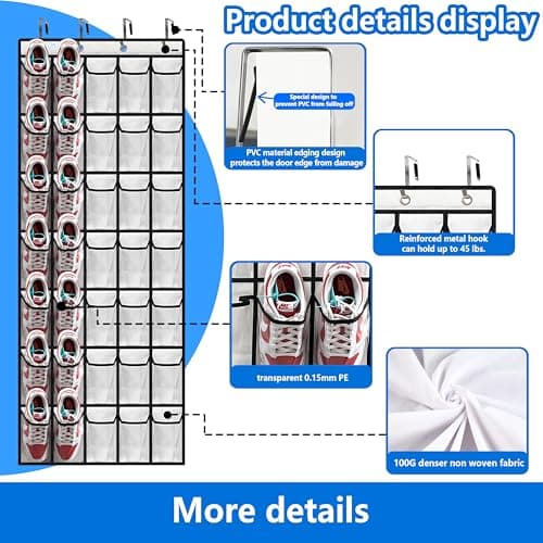 over the door shoe organizer,2025 upgraded,over the door shoe organizer,35 Huge clear pockets,over door shoe organizer,Store size 13 shoes,Strong material,hooks Suitable for various doors,White - Thumbnail 3