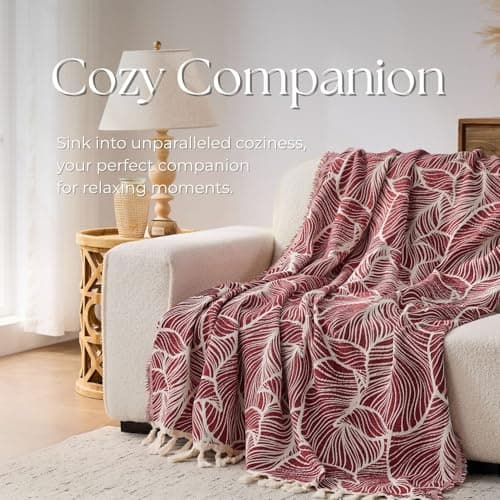 DOWN HOME Chenille Cotton Throw Blanket for Couch, Lightweight Boho Blanket for Bed Sofa Chair Living Room Outdoor Soft Woven Decorative Blanket with Tassel Gift Red Leaves 55"x60" - Thumbnail 4