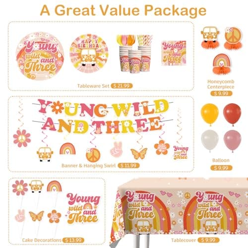 Yingoto 362pcs Young Wild and Three Party Decorations Tableware Set, 25pcs Wild and Three Party Decorations Plate Napkins Tablecloth for 3 Year Old Birthday Decorations Girl, 50 Guests - Thumbnail 3