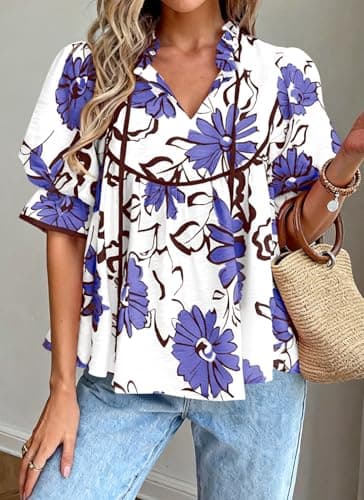 PRETTYGARDEN Womens Summer Tops 2026 Cute Puff Sleeve Ruffle V Neck Babydoll T-Shirts Boho Floral Fall Peplum Shirts(Purple Floral,Small) - Thumbnail 2