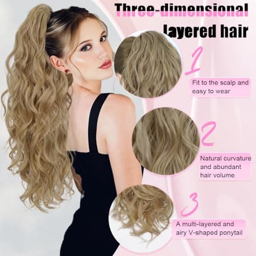 LRSICAL Ponytail Extension, Claw Clip Ponytail Extension Long Wave Ponytail Extensions for Women Fluffy Natural Synthetic 26 Inch Hairpiece for Daily Use(Color:Mocha with Medium Blonde） - Thumbnail 5