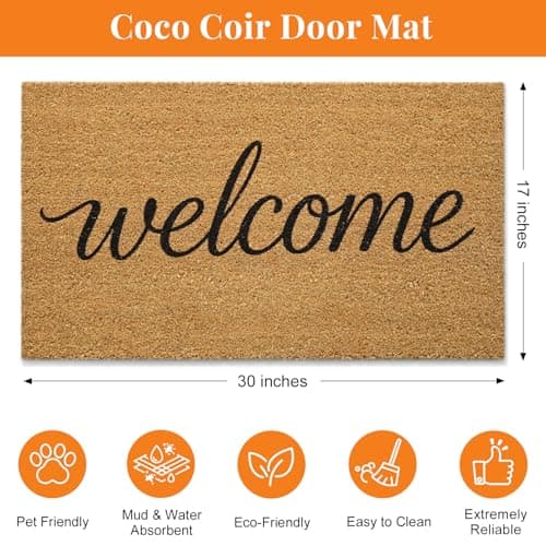 Kelarea Front Door Mat Natural Coco Coir Doormat with Heavy Duty Backing, 17" x 30" Welcome Entry Mats, Non-Slip Easy to Clean for Indoor Outdoor Entrance Porch - Thumbnail 3