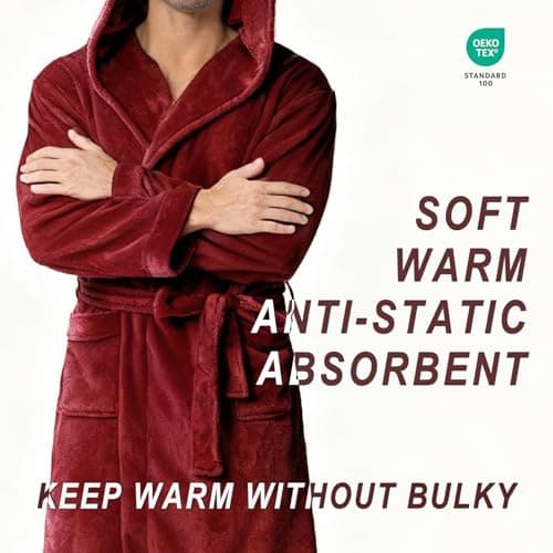 Lagtew Men's Hooded Fleece Bathrobe, Absorbent Anti-Static Plush Robe for Men with Pockets, Warm Soft for Home,BURGUNDY,L/XL - Thumbnail 4