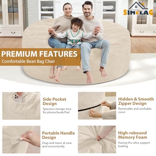 SIMFLAG 6FT Bean Bag Chair, Large Bean Bag Chairs with Memory Foam Filled, Fluffy Beanbag Sofa with Dutch Velvet Cover, Round BeanBag Chairs for Living Room, Playroom - Dark Beige - Thumbnail 4