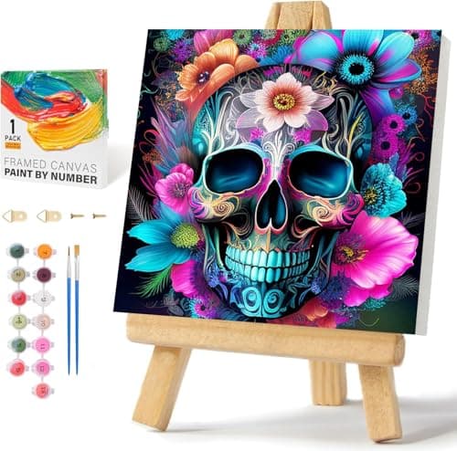 igoodom Framed Paint by Numbers Kit for Adults Beginner, Sugar Skull Easy Paint by Number Kits on Canvas with Easel, DIY Adults' Paint-by-Number Kits for Gift Home Wall Decor 10x10inch - Image 1