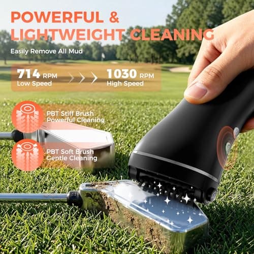 Electric Golf Club Brush Cleaner: 1030 RPM 360° Auto-Rotating Brush with 3-Stream Water Spray, 2 Speeds, 2 Brush Heads, 3.38 Oz Water Tank, Type-C 2000mAh Battery, Storage Bag - Golf Accessories Gift - Thumbnail 4
