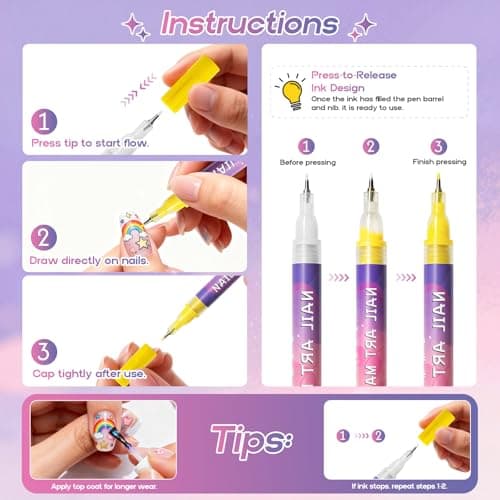 Nail Art Pens for Painting Nails 12 Colors Nail Art Markers Set with 0.5 mm Fine Tip Nail Doodle Pens for Girls Kids Women (Standard) - Thumbnail 4