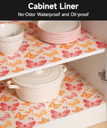 Cooyes Drawer & Shelf Liner for Kitchen Cabinets Non-Adhesive Waterproof Oilproof Reusable Washable Shelf Paper for Refrigerator, Cupboard, Dresser, Easy to Cut (Red Butterfly, 17.7" W x 78.7" L) - Thumbnail 6