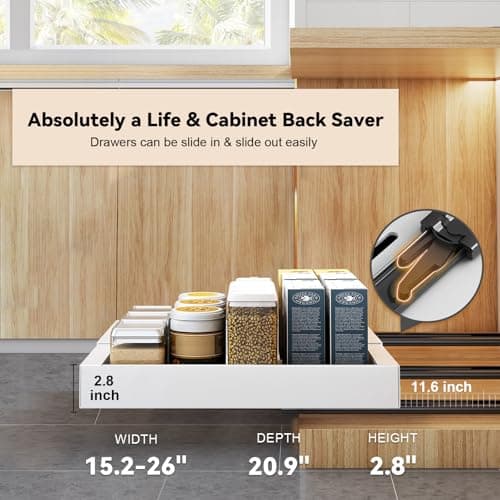 4 Pack Pull Out Cabinet Organizer for Pots and Pans, Upgraded 3-Slide Rail System with Adhesive Pads, Expandable Width (15.2"-26.2") Fits 21" Deep Framed/Frameless Cabinets, White Slide-Out Shelves - Thumbnail 2