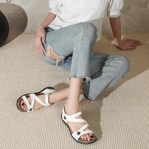 Goldnut Flat White Sandals For Women Dressy, Ankle Strap Arch Support White Walking Comfortable Flats Open Toe Orthopedic Sandalias US Size 8.5 - Thumbnail 3