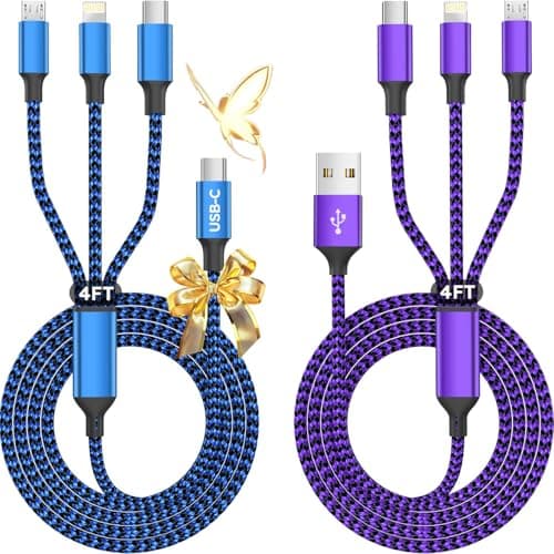 USB A + USB C Multi Charging Cable, 3 in 1 Chargers for Multiple Devices, Universal Charger with Multiple Connectors —Type C, IP, Micro USB Cable for iPhone17/16/15/14, iPad, Galaxy, Kindle(2Pack 4FT) - Image 1