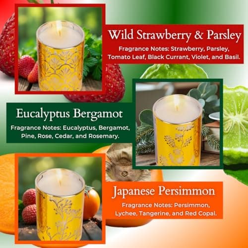 Aromatherapy Candle Gift Set of 3 Scented Candles | Strawberry Parsley, Persimmon, Eucalyptus Bergamot Soy Candles Set, Gold Candle Gifts, Relaxing Aromatherapy Candles Gift Set for Women and Men - Thumbnail 2