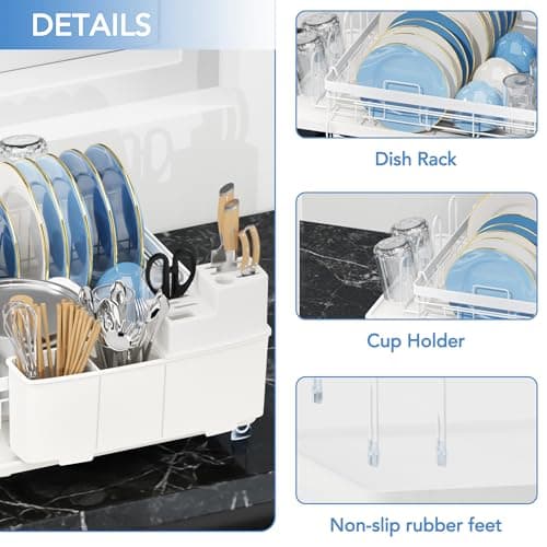 ROTTOGOON Expandable Dish Drying Rack,Multifunctional Adjustable Dish Drainer with Swivel Spout and Anti-Rust Dish Rack with Removable Cutlery & Cup Holders for Kitchen Counter,White - Thumbnail 6