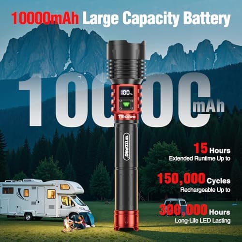 WdtPro Rechargeable LED Flashlights High Lumens, Super Bright 90000LM Rechargeable Flashlight with LCD Display, 5 Modes & Waterproof Powerful 10000mAh 30H Flashlight for Camping Emergency Red - Thumbnail 3