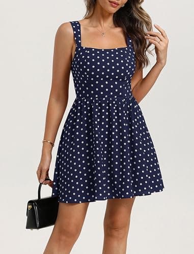 Belle Poque Fit and Flare Dress for Women Mini Short Polka Dot Dress Square Neck Sleeveless Navy Blue Sundresses L - Thumbnail 2