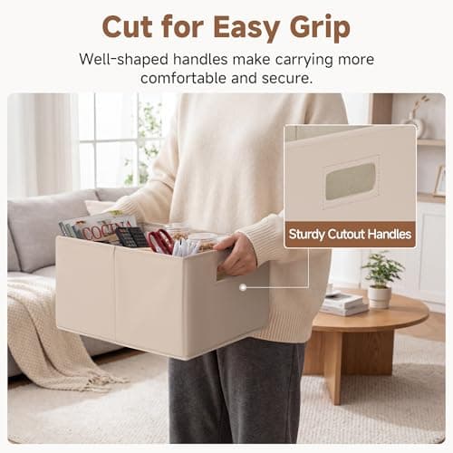 StorageWorks Fabric Storage Bins for Shelves, Closet Organizers and Storage Baskets, Collapsible Storage Bins with Cutout Handles, Large, 4-Pack, Light Brown - Thumbnail 5