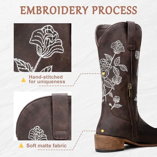Jeossy Women's Whisky Western Cowboy Boots Mid Calf Embroidery Flower Cowgirl Boots with Low Heel Side Zipper 9807 Comfy Round Toe Country Music Festival Music Rodeo, Size 7(DJY9807 Whisky 07) - Thumbnail 4