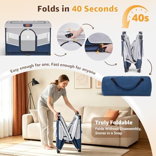 LOOBANI Foldable Dog Playpen for Small Dogs, Indoor/Outdoor Puppy Cat Playpen with Removable Washable Fabric Cover, Sturdy Steel Frame & 690D Oxford Cloth, Portable Dog Crate 32"x24"x22", Blue - Thumbnail 5