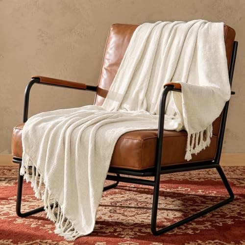 BEDELITE Chenille Throw Blanket for Couch and Sofa, Soft Cozy Knit Blanket, Warm Lightweight, Breathable All Season, Farmhouse Boho Fringe Throw, 50"x60", Cream - Thumbnail 3