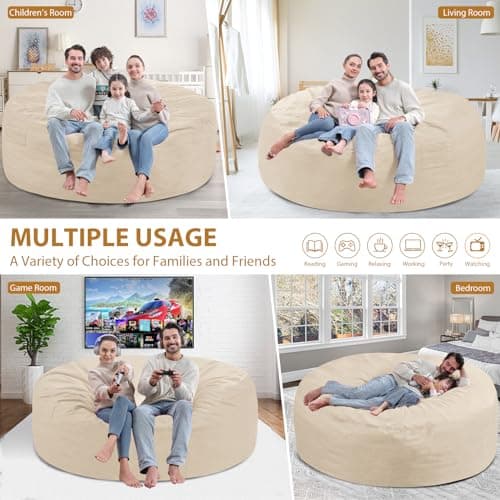 SIMFLAG 6FT Bean Bag Chair, Large Bean Bag Chairs with Memory Foam Filled, Fluffy Beanbag Sofa with Dutch Velvet Cover, Round BeanBag Chairs for Living Room, Playroom - Dark Beige - Thumbnail 5