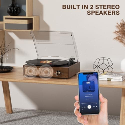 Bluetooth Vinyl Record Player,3-Speed Turntable with Stereo Speakers Vintage Phonograph Record Player, with RCA Line Out AUX in Headphone Jack Coffee Wood - Thumbnail 6