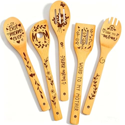 Mothers Day Wooden Spoon for Mom from Daughter and Son, 5 Piece Super Mom Wooden Utensil for Cooking, Unique Carved Moms Spatula Set, Birthday Mothers Day Gifts for Mom, Grandma, Mother in Law - Image 1
