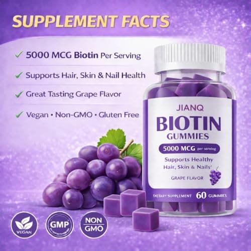JianQ Biotin Gummies for Hair Skin & Nails – High Strength 5000 mcg Biotin with Collagen, Zinc & Vitamin C | Vegan, Sugar-Free, Non-GMO | Supports Healthy Hair Growth, 120 Count - Thumbnail 6