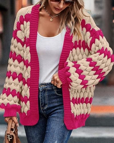 KIRUNDO Womens Cardigans Cute Color Block Stripe Long Sleeve Cardigan Sweaters Crochet Chunky Knit Sweater Outwear Trending Clothes for Women 2026 Hot Pink Outfits(Rose Red, X-Large) - Thumbnail 4
