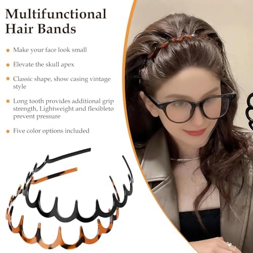 HJKLIUT 5Pcs U Shape Fashion Tooth Hair Comb Headband, High Cranium Head Bands for Women's Hair, Wavy Teeth Hairs Hoop, Vintage High Cranium Hairband for Women (5Pcs Mix, One Size) - Thumbnail 3