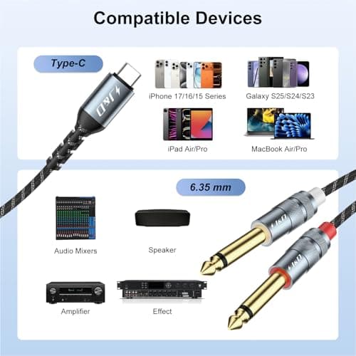 J&D USB C to 1/4 Audio Cable, Type C to Dual 6.35mm Male Jack Plug Adapter Car Auxiliary Stereo Speaker Cord, Compatible with iPhone 16/17 Series, Galaxy S25/24, Laptop, 6.6 Feet - Thumbnail 3