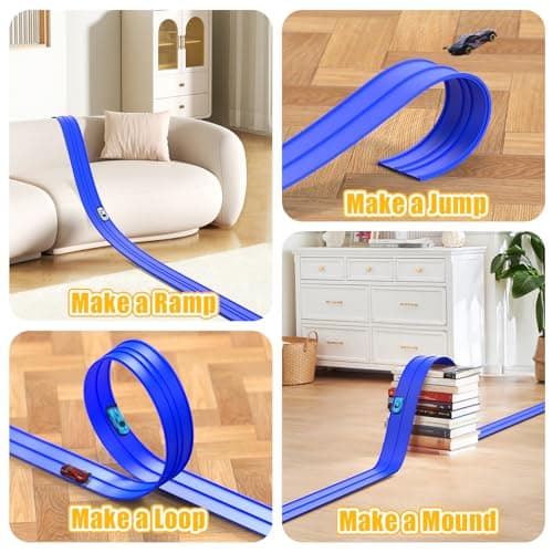 Flex Race Track 16 Ft with Start Gate Accessories Compatible with Diecast 1/64th Cars, Flexible Car Track Toys for Ages 3+ Kids Toddlers Roll Out Portable Racetrack (Blue) - Thumbnail 4