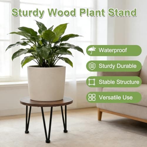 Vigordream Metal Plant Stand Indoor, Heavy Duty Planter Holder, Flower Pot Stands, Round Wood Single Plant Shelf Modern Decorations for Home, Patio Garden - Thumbnail 2