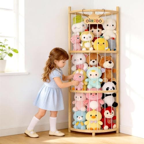 Wooden Stuffed Animal Storage Corner Organizer with Stability Strap, Space-Saving 1/4 Circular Plushie Holder for 30+ Plushies,Stuffed Animal Zoo Tower for Livingroom Organizer and Storage