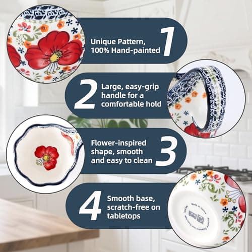 ALMA 2026 Updated Soup Bowls With Loop Handles Microwave & Oven Safe, 18oz Handpainted Flower Soup Mug for Women, Decorative Ceramic Cereal Bowls For Soup,Fruits,Stew,Ice cream,Snack-Red Lily Theme - Thumbnail 4