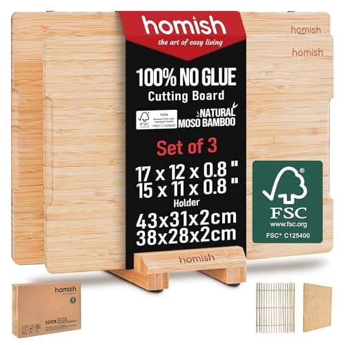 Bamboo Cutting Boards Set with Stand - 3 Piece Charcuterie Board with Handle, Truly Glue Free, Non Toxic Wood Chopping Serving Boards for Kitchen Gift Set - Dishwasher Safe [New 2026 Upgrade]