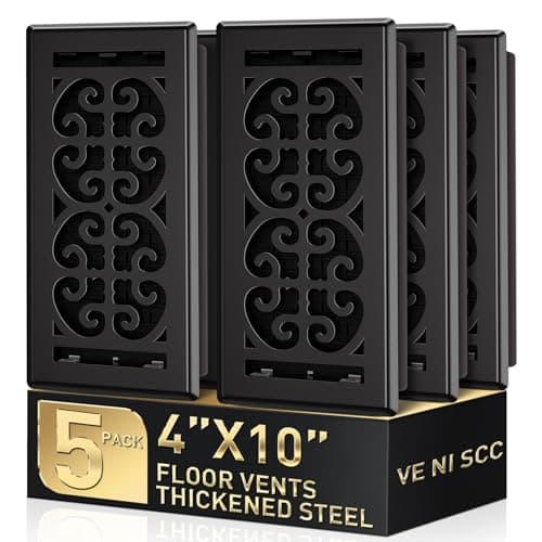 4x10 Floor Register, 5 Pack Black Floor Vent Covers, Heavy Duty Walkable Metal Decorative Scroll Grilles, Quiet Heat-Resistant Damper, Adjustable Control Lever, Fits Standard HVAC Duct Opening - Image 1