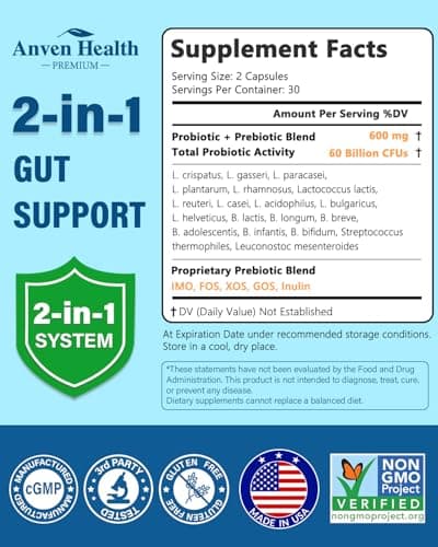 Anven Health 60 Billion Probiotic and Prebiotic for Women and Men - 19 Strains 5 Organic Prebiotics for Gut Digestive & Immune Health, Supports Diarrhea Gas Bloating, Non-GMO – Made in USA丨60 Caps - Thumbnail 2