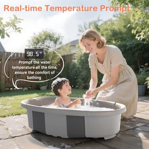 Collapsible Baby Bathtub - Large Baby Bath Tub with Thermometer & Cushion | Travel Portable Newborn Infant Bathtub | Foldable Toddler Bathtub for Baby 0 to 36 Months (Grey) - Thumbnail 5