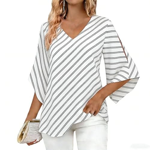 Womens Summer Tops 3/4 Sleeve, V Neck Striped Bell Sleeves Loose Fit Women's Tunic Top, Lightweight Breathable Dressy Casual Blouse Trendy Flowy Business Work Elegant Tees for Women White L - Image 1