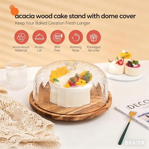 cutesun Cake Stand with Lid, 10.8'' Shatterproof Acrylic Dome (Not Glass), 11.8'' Rotating Acacia Wood Cake Display Stand for Wedding Birthday Party Dessert - Thumbnail 6