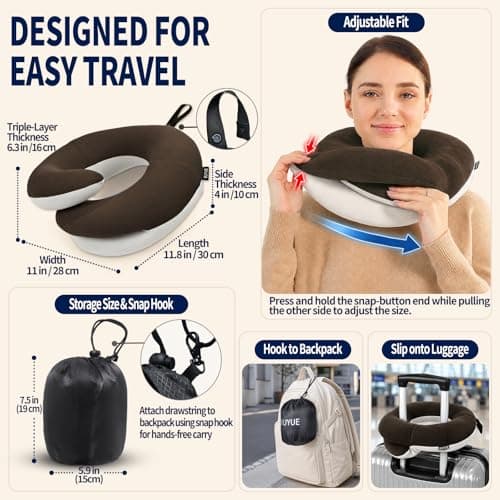 BUYUE Travel Neck Pillows for Airplanes, 360° Head Support Sleep for Long Flight, Skin-Friendly & Breathable, Kit with 3D Contoured Eye Mask, Earplugs and Storage Bag (Adult, Brown, 90+ lbs) - Thumbnail 5