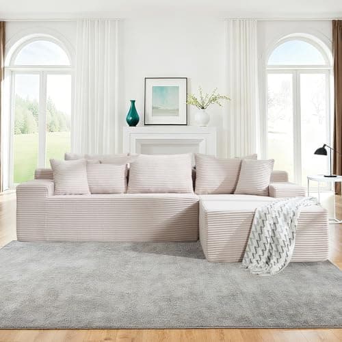 105" Cloud Modular Sectional Couch with L-Shape Chaise, Upholstered Corduroy Couches for Living Room, No Assembly Required Deep Seat Boneless Sofa (Beige, Right Facing Chaise) - Thumbnail 4
