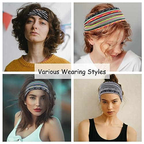 Achiou Boho Headbands for Women, Twist Knotted Head Bands for Women's Curly Hair Non Slip, Wide Turban Cloth Hairbands, Elastic Hair Accessories for Girls Yoga 6 Pack Two Size - Thumbnail 2