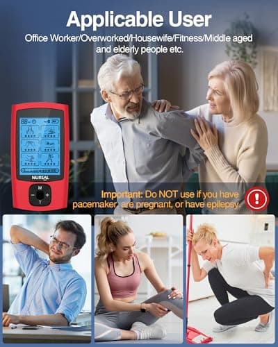 NURSAL 24 Modes TENS Unit Muscle Stimulator, Rechargeable Electronic Pulse Massager with 8 Pads for Back and Shoulder Pain Relief and Muscle Strength (Red) - Thumbnail 5