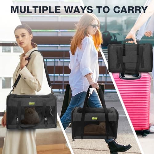 Small Dog Carrier for Puppies, Rabbits, Cat Carrier Soft, Foldable Travel Bag, Fits Pets up to 25lbs, Car Seat Belt Compatible, Ideal for Car Road Trips, Anti-Scratch Mesh, 20x13x13 in, Black - Thumbnail 6