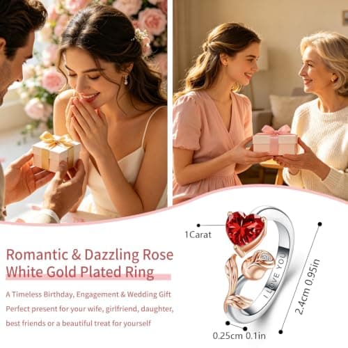 1CT Rose Heart Adjustable Ring 6.5~8 Ruby Ring White Gold Plated Ruby VVS1 D Clarity 18K Rose Gold Gift for Wife Mother Daughter Birthday Wedding Engagement Christmas Anniversary Mothers Day Gift for Mom Bride - Thumbnail 2
