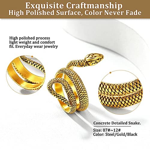 Bestyle Vintage 18K Gold Plated Snake Ring for Women Men Adjustable Cool Rings Snake Jewelry Gothic Punk Finger Rings Fashion Halloween Costumes for Women, Size 12 - Thumbnail 6