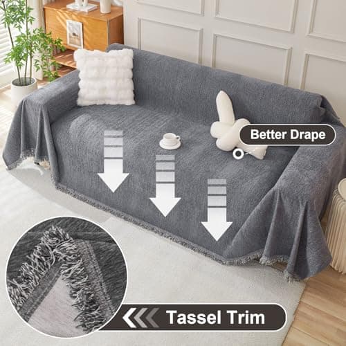 OstepDecor Chenille Couch Cover, Dark Grey Sofa Covers Washable, Sectional Couch Covers for Sofa L Shape, Couch Blanket Cover, Non-Slip Sofa Slipcovers for Dogs, Pets, 91" x 150" - Thumbnail 3