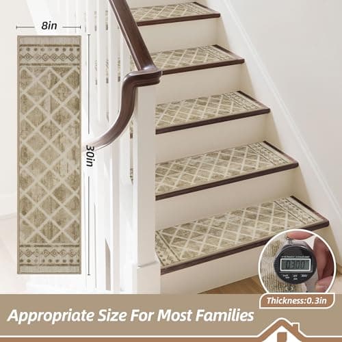 BEQHAUSE Stair Treads for Wooden Steps Non-Slip Indoor Stair Runner Washable Carpet For Stairs Self-Adhesive Stair Rug for Elders Kids and Pets, 8X30 In, 15 PCS, Geometric Diamond Pattern, Light Brown - Thumbnail 6